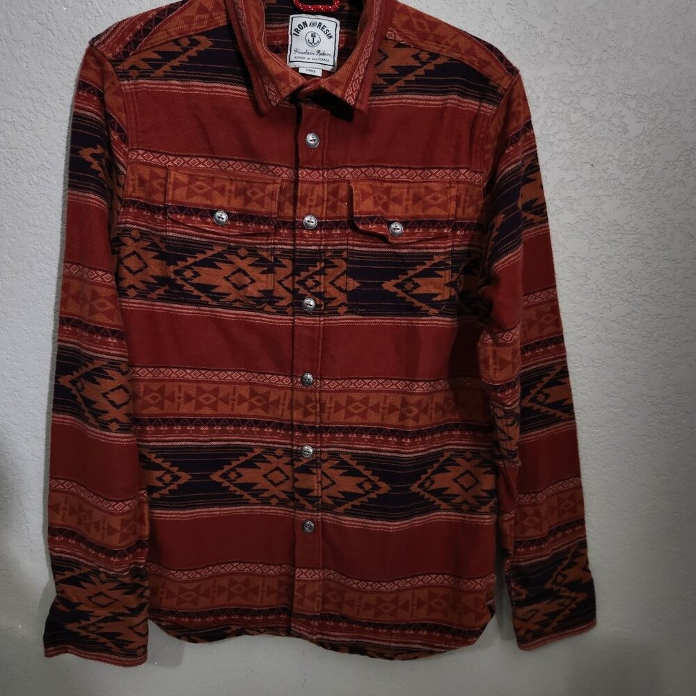 Iron & Resin orange/red and Black Casual Button Down Shirt Aztec print